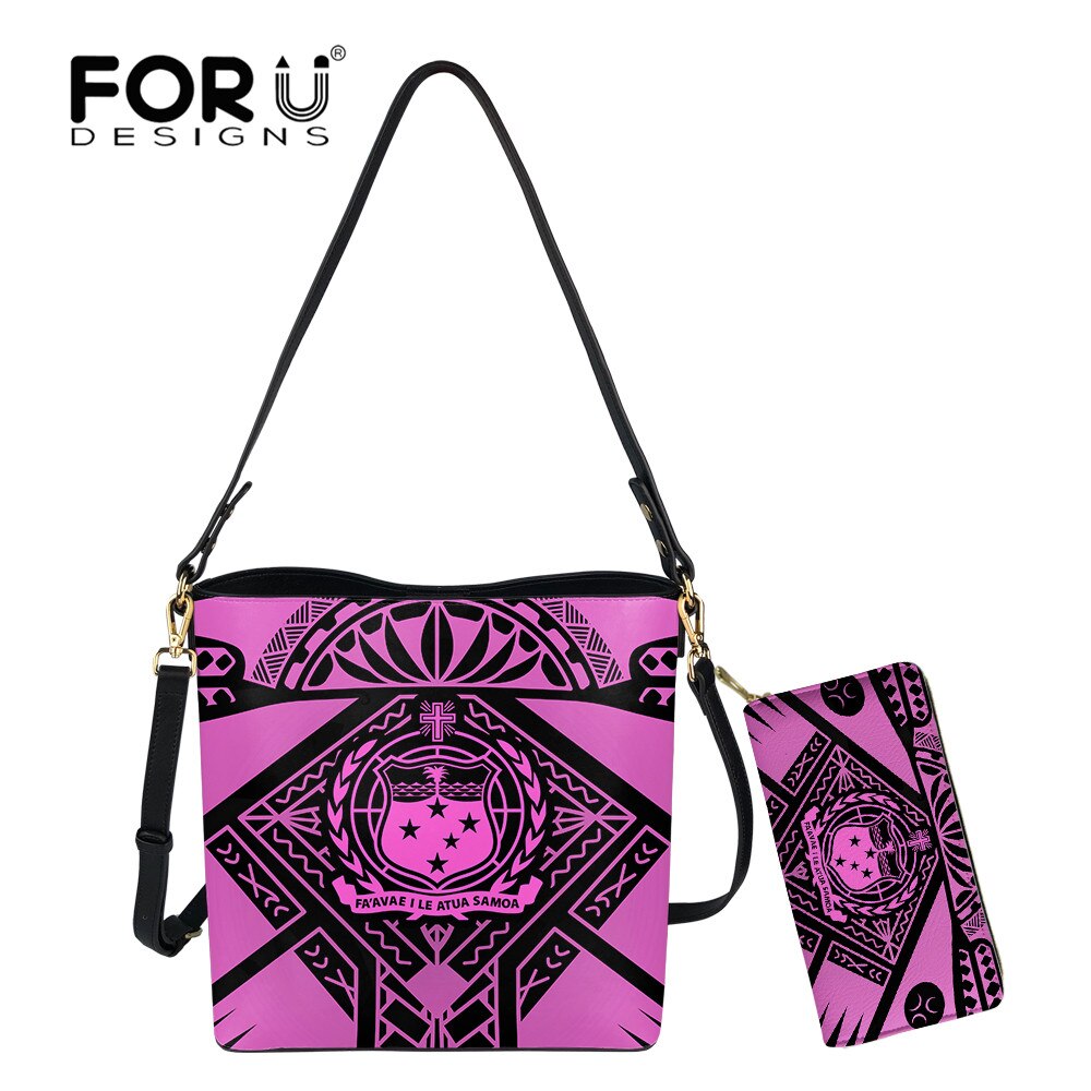 Forudesigns Vrouw Leahter Schoudertassen En Portemonnee Samoa Tribal Emmer Bag Lady Pu Top-Handvat Tas bolsa Mujer: HTE2049D61 Z21 / 2Pcs set