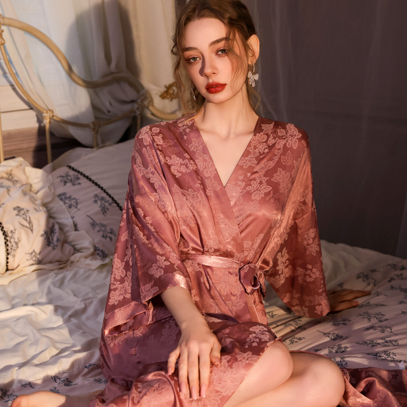 Chinese Style Jacquard Long Robe Nightgown Silk Satin Kimono Bathrobe Gown Spring Summer Sleepwear Home Dress Pajama