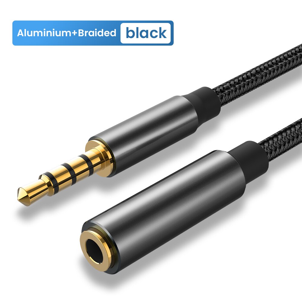 jack lydkabel 3.5mm aux lydkabel hann til hunn forlengelse aux kabel 3.5mm øretelefon lydforlengerledning til høyttaler 1m/2m: Svart / 1m
