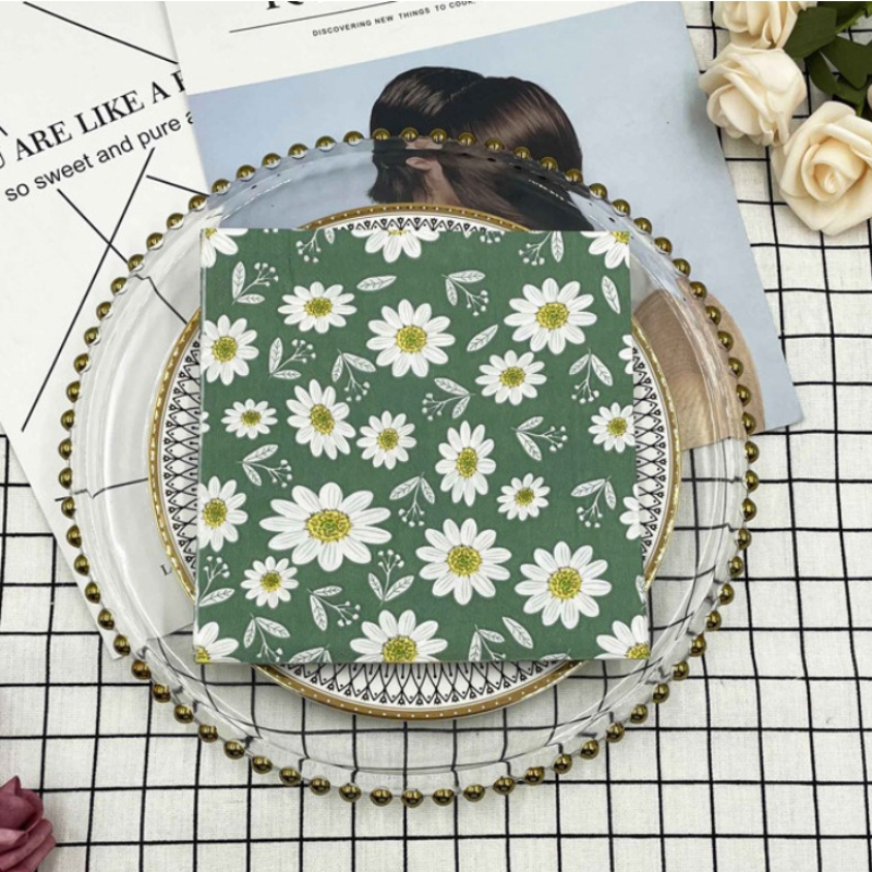 Kleurrijke Bedrukte Servetten Groene Bloemen Vierkante Mond Doek Servetten Hotel Bruiloft Tafel Setting Bloempapier Wegwerp Placemats