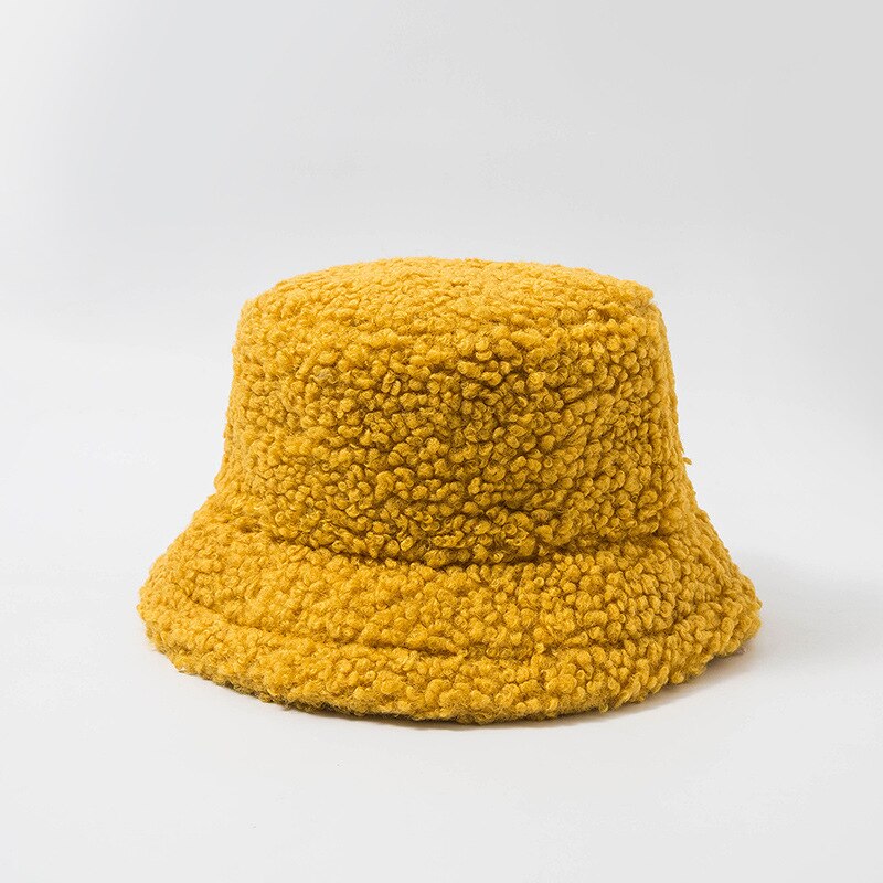 Kvinder uld furry hat teddy fløjl varm ørebeskytter fisker hat lam fløjl cap dejlige plys spand hat: Gul