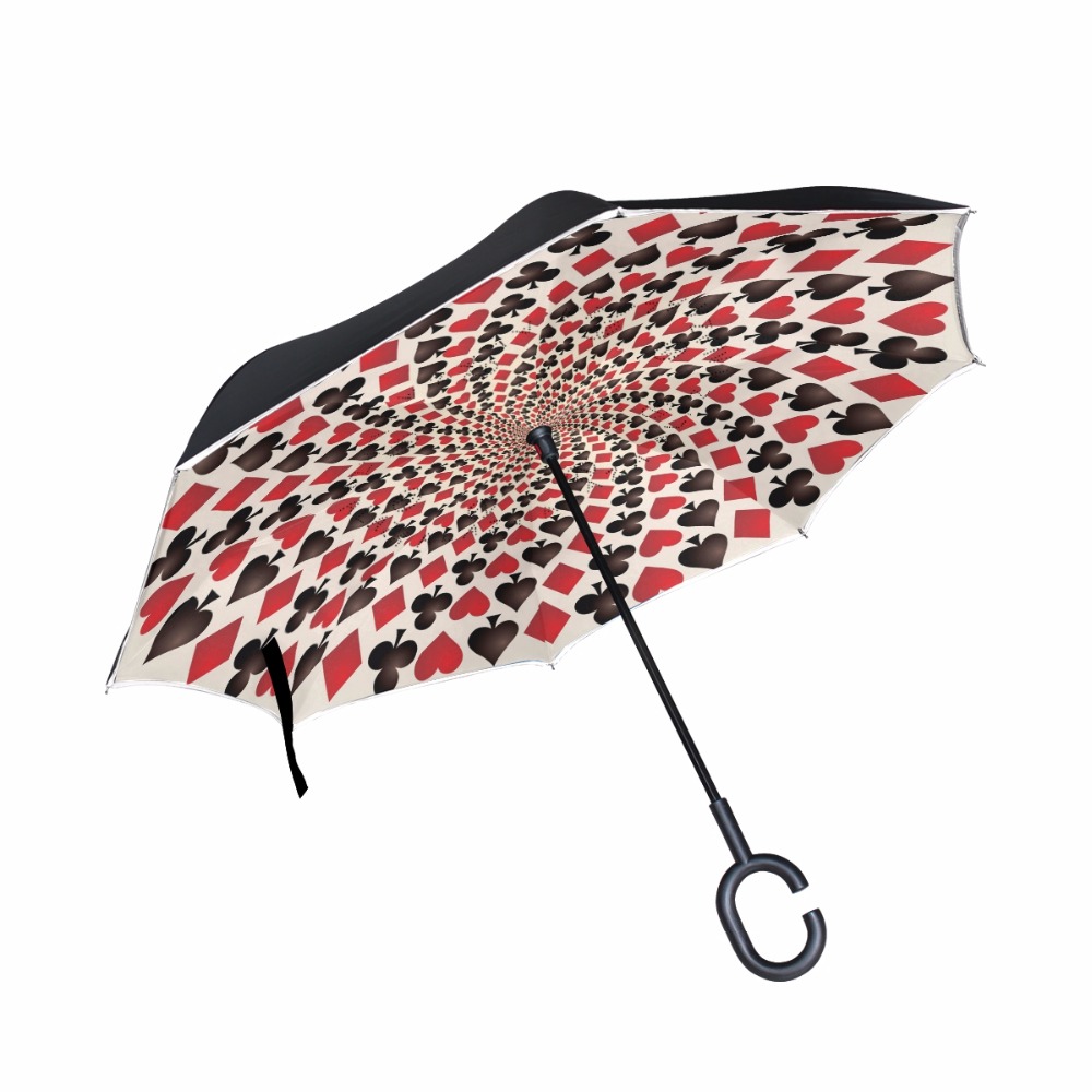 Traje de cartas de póker , Asa de gancho en C, plegable inverso, doble capa, a prueba de viento, sol y lluvia paraguas para, caña de coche de pesca