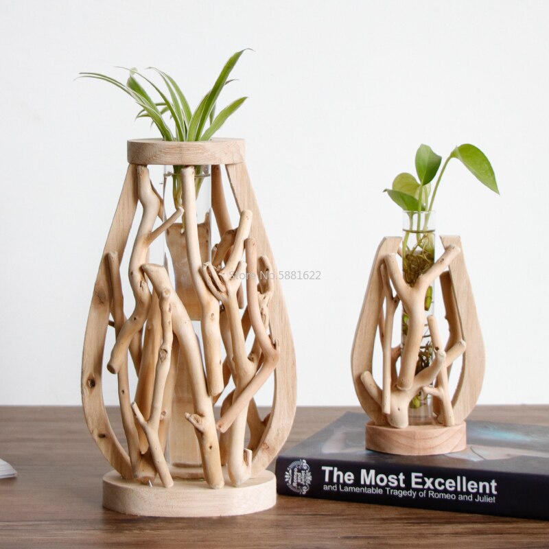 Hem dekorativa rent handarbete trävas dekorerad massivt trä blomkruka för glas blommig hydroponisk behållare vas