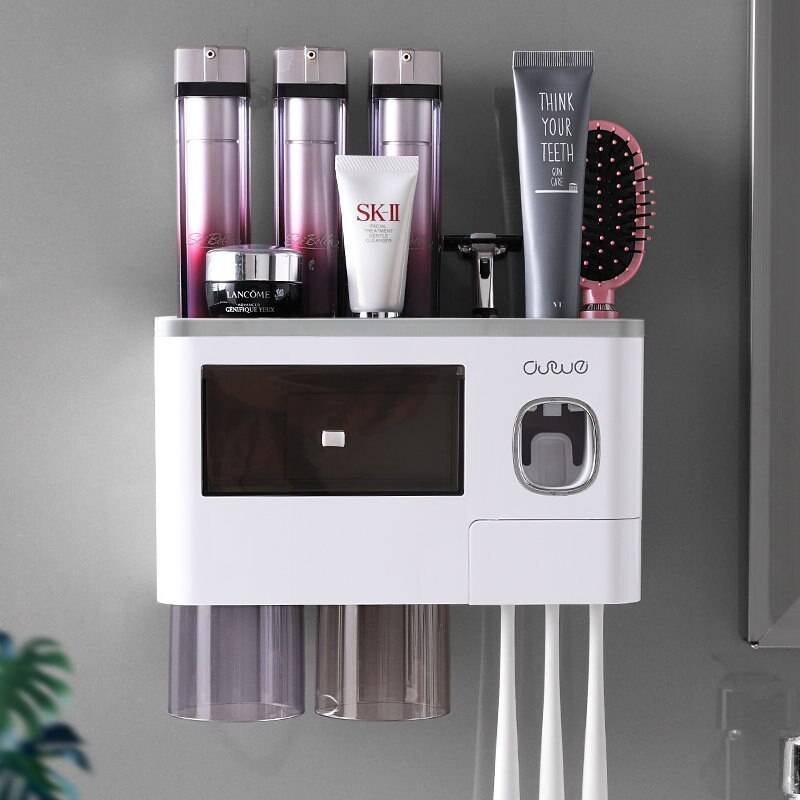Guret magnetisk tandbørsteholder til badeværelsetilbehør automatisk tandpasta squeezer dispenser vægmonteret opbevaringsstativ: Grå 2 kopper