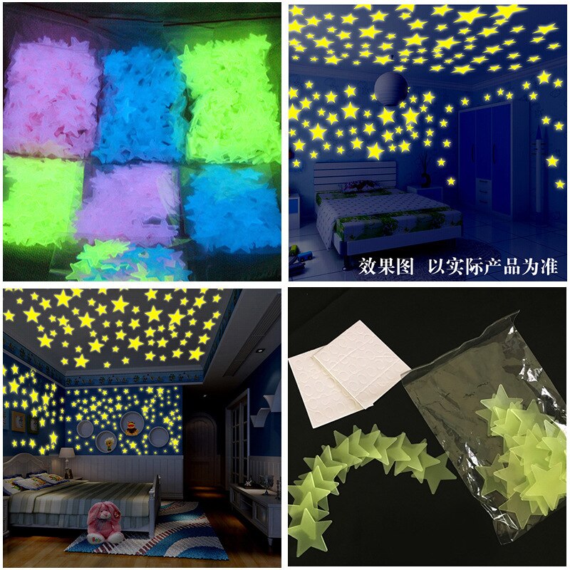 100pcs/bag 3D Star And Moon Energy Storage Fluorescent Glow In The Dark Luminous On Wall Stickers For Kids Room Living Room