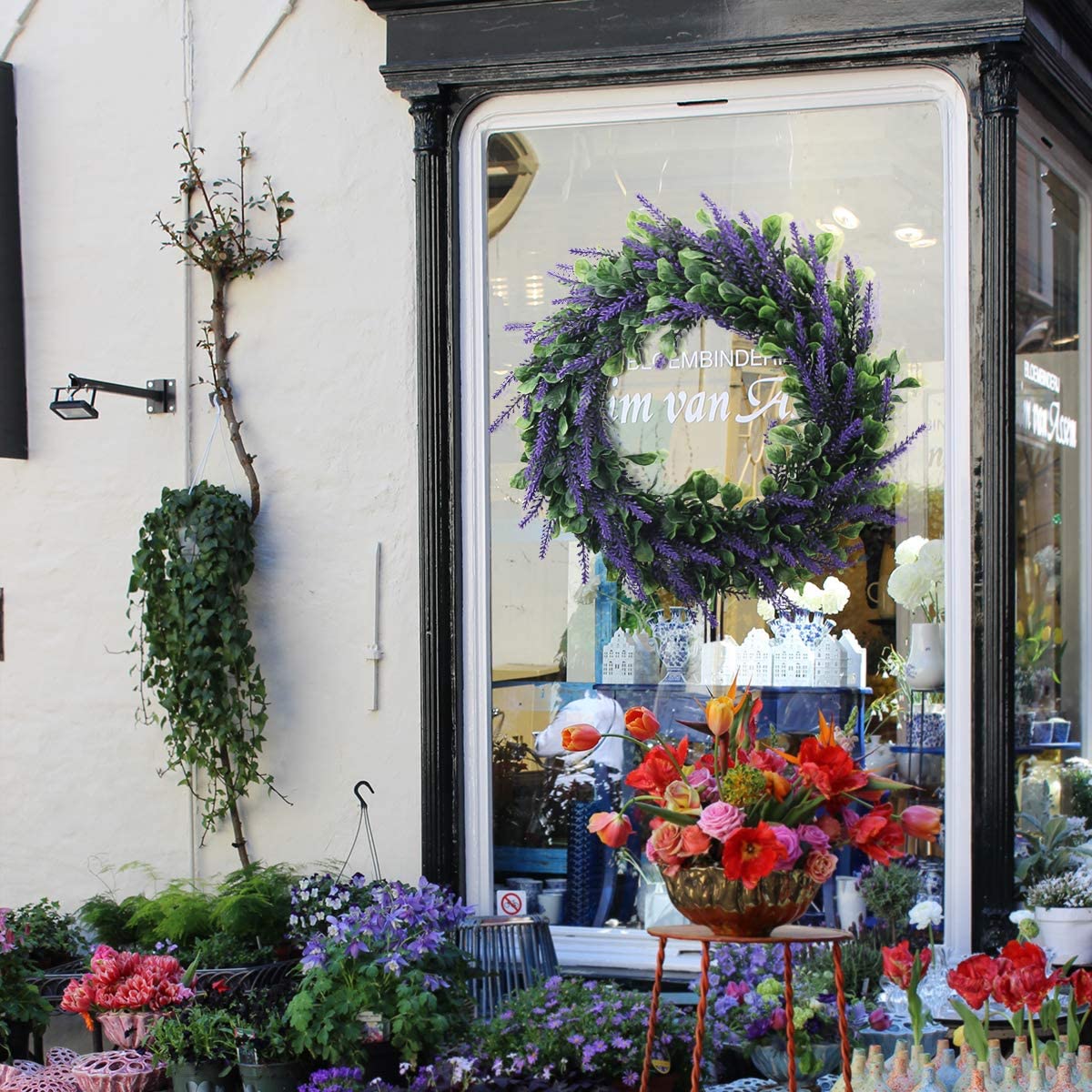 Lavendel krans, konstgjorda gröna blad blommakrans för ytterdörr bröllopsfest dekor