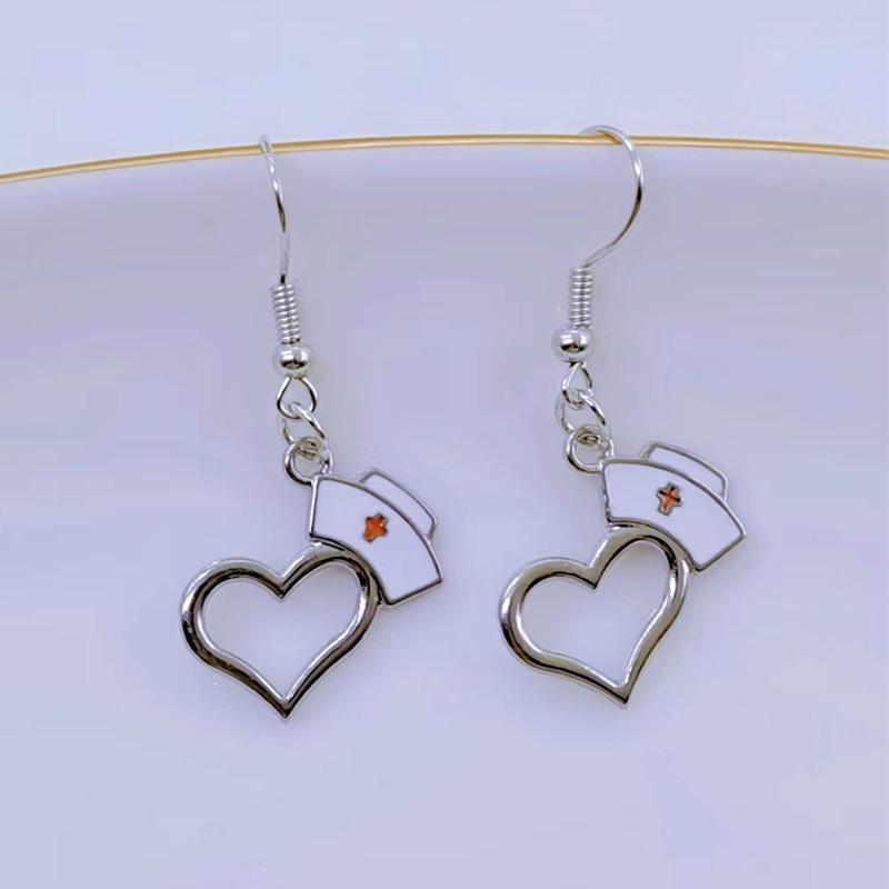 Charm enamel earrings syringe nurse cap stethoscope doctor nurse decoration earrings doctor nurse earring: Black Gun Plated