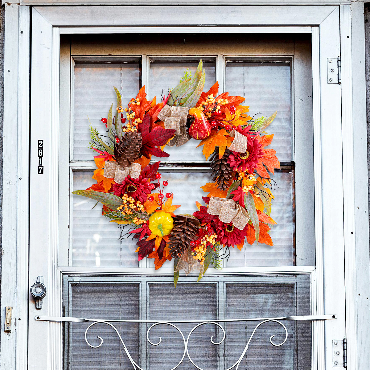 Yannew Fall Wreaths for Front Door Outside Autumn Pinecone Pumpkin Wreath with Maple Leaves Home Patio Thanksgiving Decoration