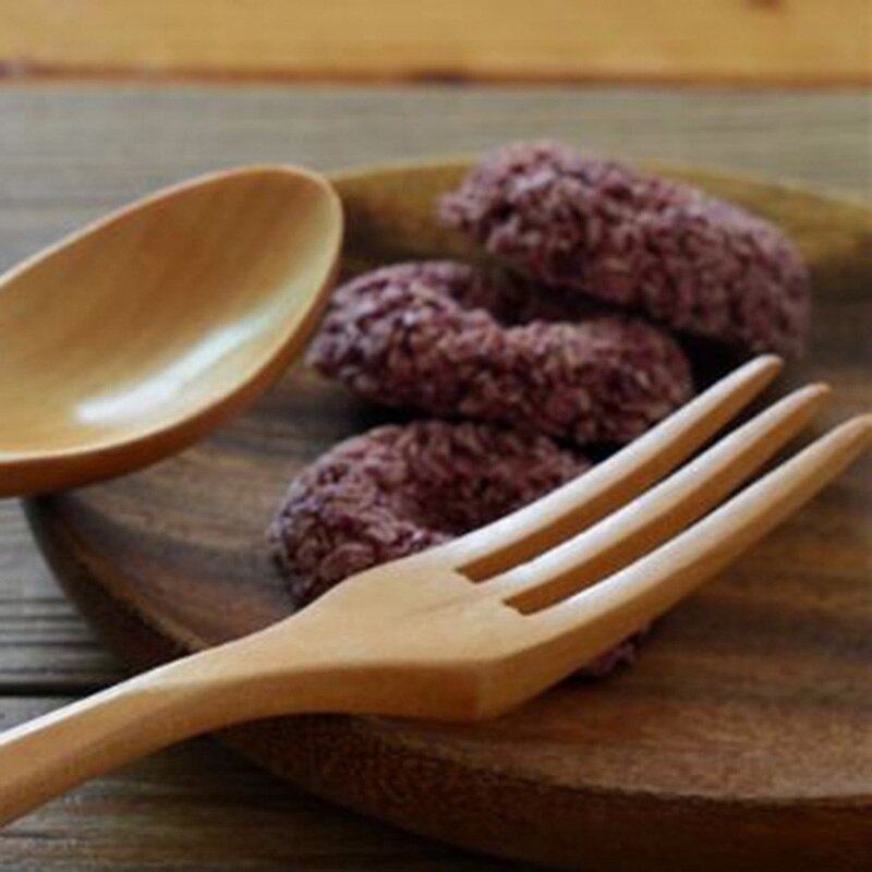 Beech Spoon Japanese Simple Style Natural Solid Color Handle Wooden Spoon Fork Kitchen Tableware