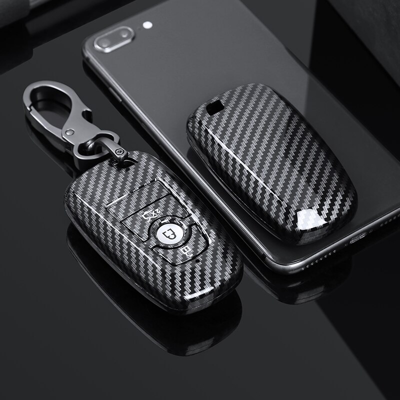 Carbon Fiber ABS Car Key Case For Ford Mustang EcoSport 3 4 Buttons Smart Remote Fobs Shell Cover Keys Bag Keychain Auto: 3 Button Sliver