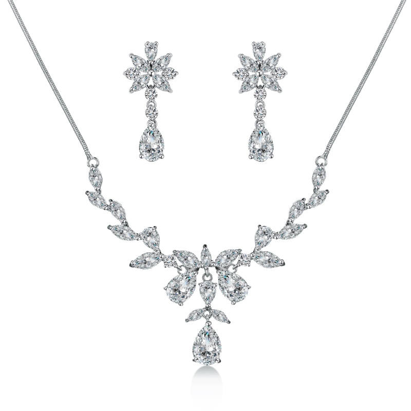 Weimanjingdian floral zircônia cúbica cz zircão colar de cristal e brinco da dama de honra conjunto de jóias em ródio cor prata