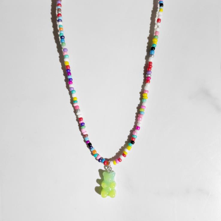 Collier de perles rondes colorées pour femmes, style bohème, mignon, dégradé arc-en-ciel, pendentif ours en résine, à la , bijoux pour filles: green