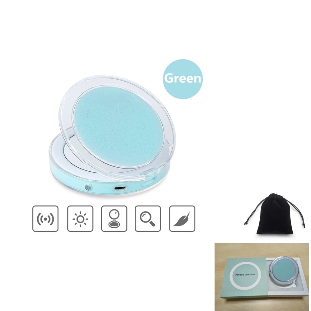 Espejo de maquillaje plegable con luz led 5 veces aumento espejo cosmético anillo de belleza espejo de luz foto Luz de relleno espejos pequeños: Green with box