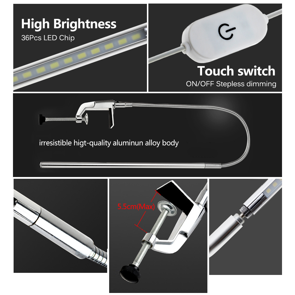 Lámpara de mesa de brazo largo 48 LEDs, lámpara de escritorio LED de oficina montada en Clip, lámpara de lectura Flexible con protección ocular y cuello de cisne USB para estudio de trabajo