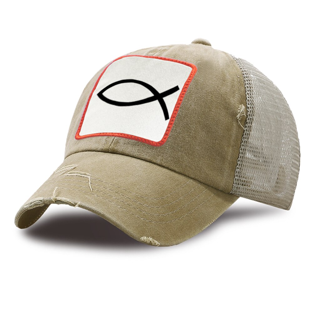 Sombrero de camionero con motivos de pescado Harajuku para hombre y mujer, gorra de béisbol de malla transpirable, de algodón, con cierre trasero, para verano: khaki6