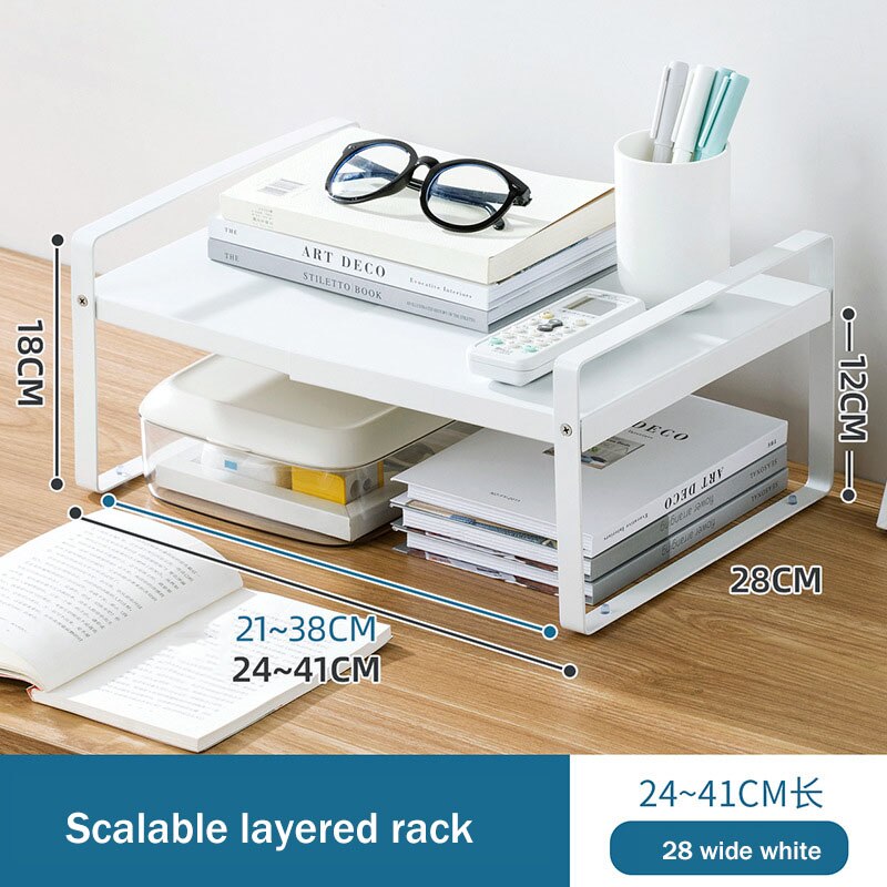 Retractable Simple Bookshelf Office Desktop Storage Rack Table Multi-layer Desk Organize Carbon Steel Small Shelf Storage Box: white 24 To 41