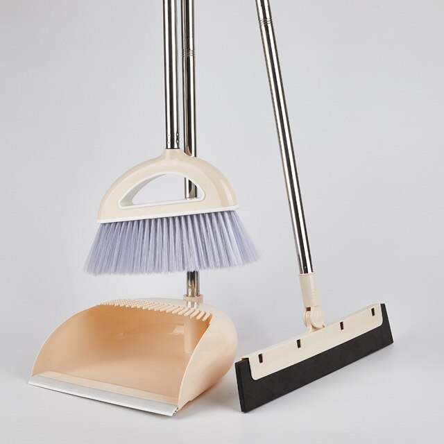 Practical Broom Suit European Foldable Combination Soft Hair Multifunction Household Dustless Dustpan Cleaning Set: beiga2