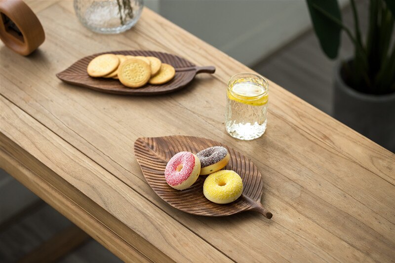 Plato de Pan de madera con forma de hoja, platos de frutas, platillo, bandeja de té, postre, cena, Pan, bandejas de almacenamiento de platos de madera