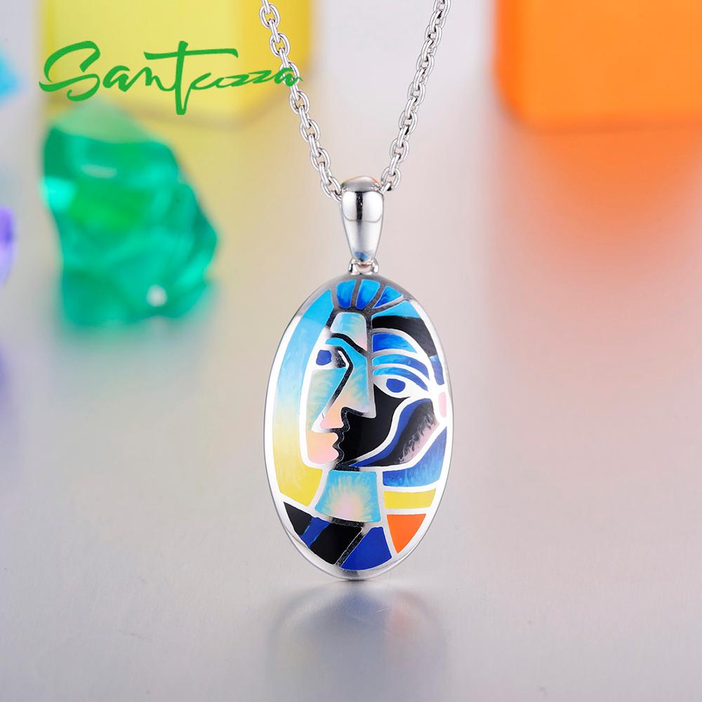 SANTUZZA 100% 925 Sterling Silver Pendants For Women Oval Colorful Handmade Enamel Character Trendy Delicate Fine Jewelry