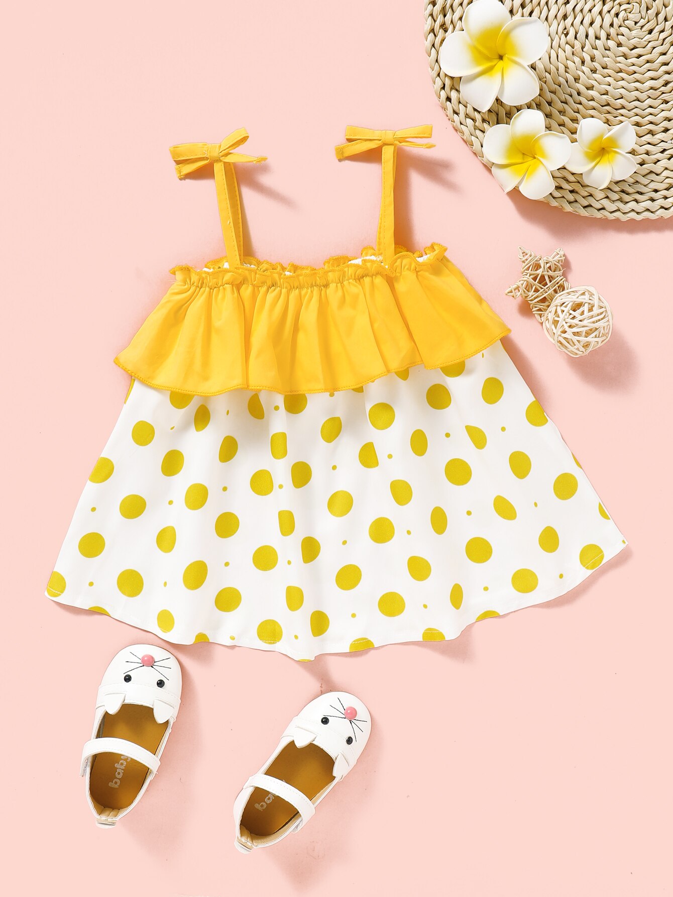 Vestiti del bambino della ragazza 6-9 mesi puntini gialli senza maniche gilet increspature camicia superiore spedizione gratuita ragazza del bambino abiti estivi abbigliamento