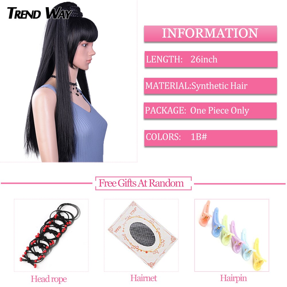 Pitkät suorat yaki-hiukset, synteettiset poninhännät ja otsatukka, nuttura, kaksi paria hiusklipsiä, naisille, mustat hiustenpidennykset