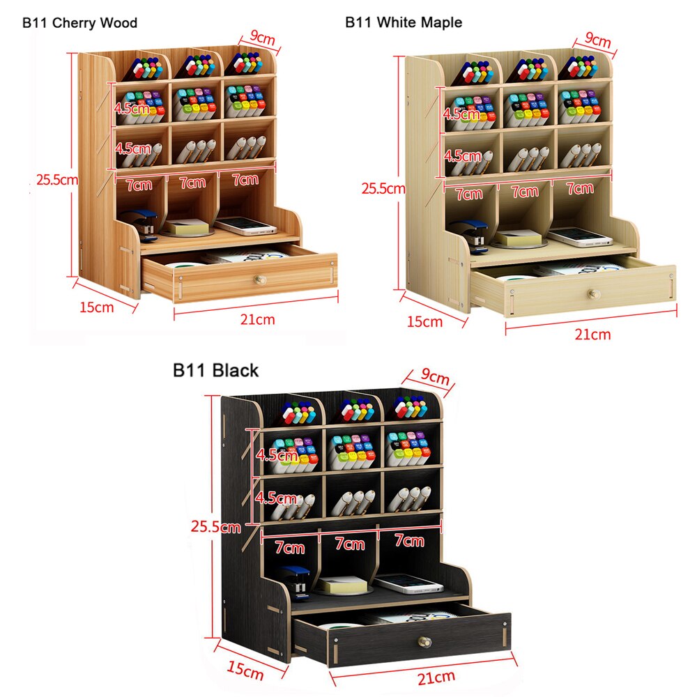 Træ skrivebord arrangør blyant holder multifunktionel diy papirvarer desktop opbevaringsboks med skuffe kontor skoleartikler