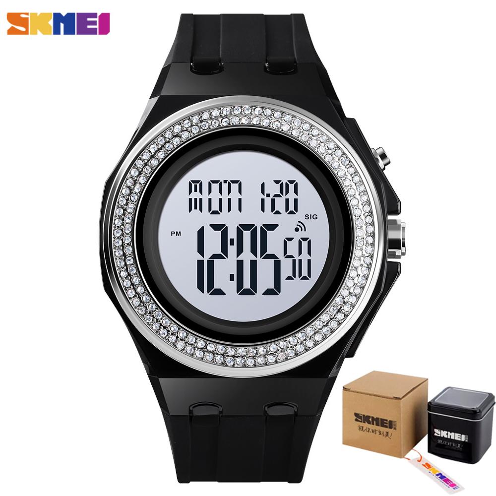 Skmei dreng pige teenager ure led digitalt armbåndsur mænd kvinder diamant gennemsigtig urkasse ur 2 tid reloj 1598: Sort hvid med kasse