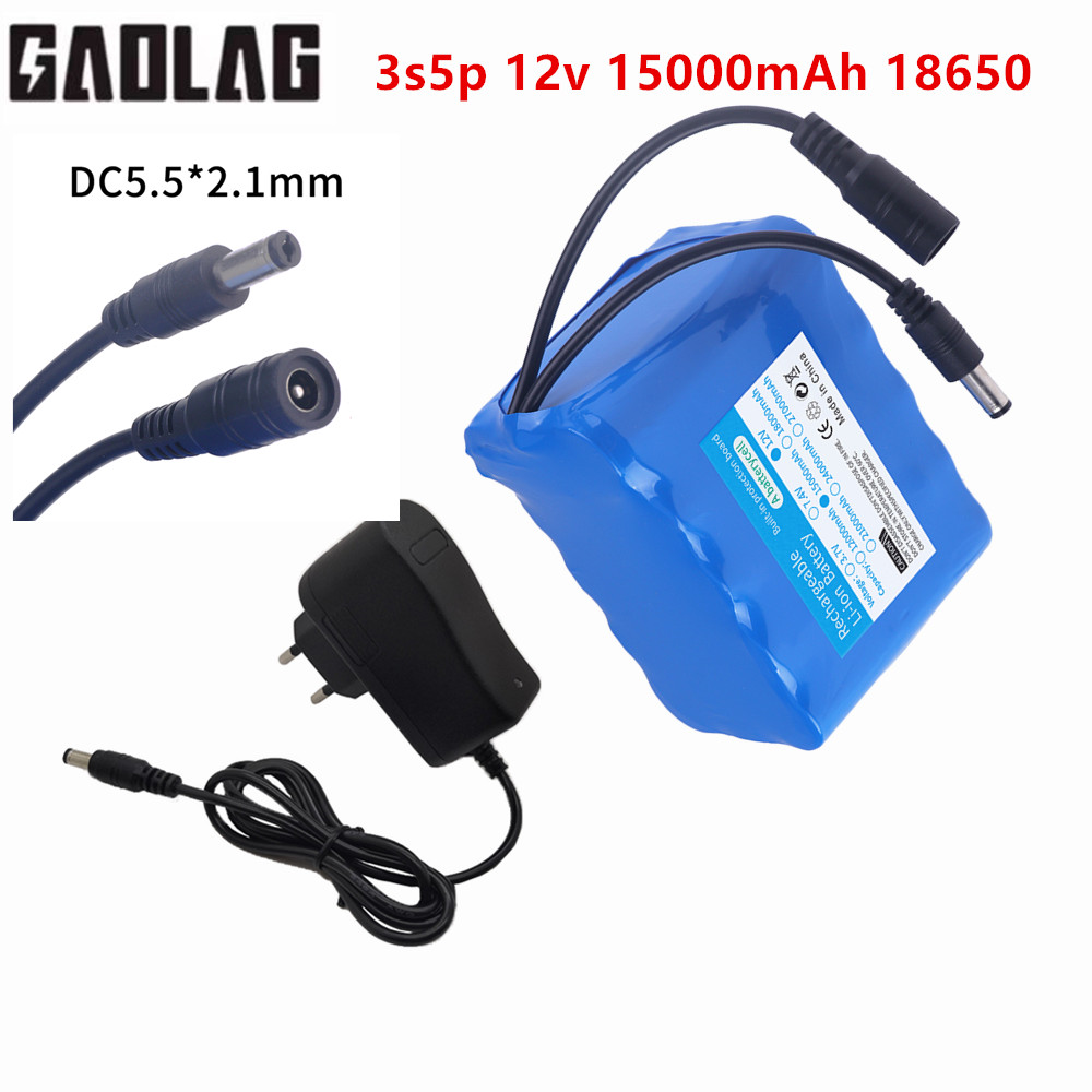 12V 15000mAh 18650 lithium battery 12.6V 15AH suitable for electrical equipment toys LED lights lithium-ion battery 3s5p: Gold