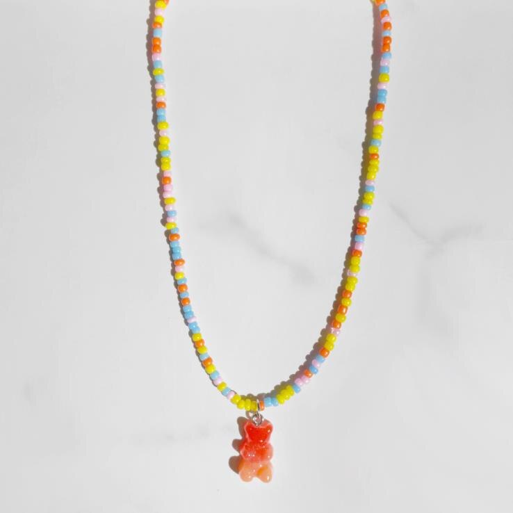 Collier de perles rondes colorées pour femmes, style bohème, mignon, dégradé arc-en-ciel, pendentif ours en résine, à la , bijoux pour filles: red orange