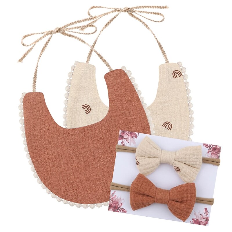 Peuter Lunch Feeding Bib Burp Doek Ademend Speeksel Handdoek Doek Met 2 Boog Haarband Voor Baby Meisjes 87HD