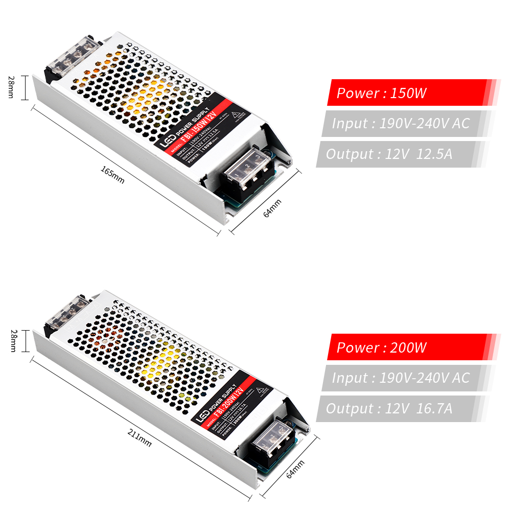 12 Volt Power Supply Ultra Thin 12V LED Driver AC 190-240V 60W 100W 150W 200W 300W Lighting Transformer Adapter for LED Strip
