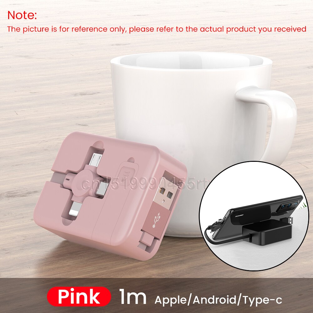 4 in 1 udtrækkelig 8 ben/usb type c/micro usb kabel til iphone 13 12 pro 1m mobiltelefon oplader datakabel ledning med telefonstativ: Lyserød