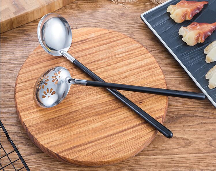 Houten handvat pot lepel Japanse stijl roestvrij stalen lepel houten handvat vergiet pollepel lepel pot soep lepel