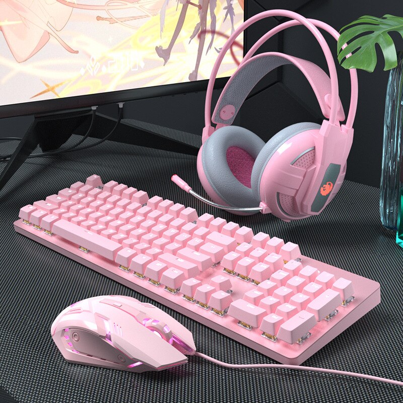 Neue rosa verdrahtet blau achse mechanische Spielen tastatur usb-schnittstelle weiß hintergrundbeleuchtung nette mädchen tastatur und maus einstellen