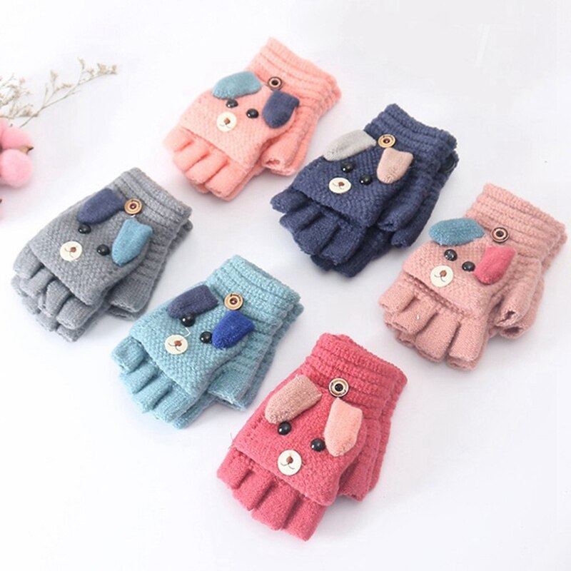 Winter Warm Childrens Gloves Student Kids Cashmere Knitted Flip Half Finger Gloves Girl Boy Cute Cartoon Puppy Crochet Mitten