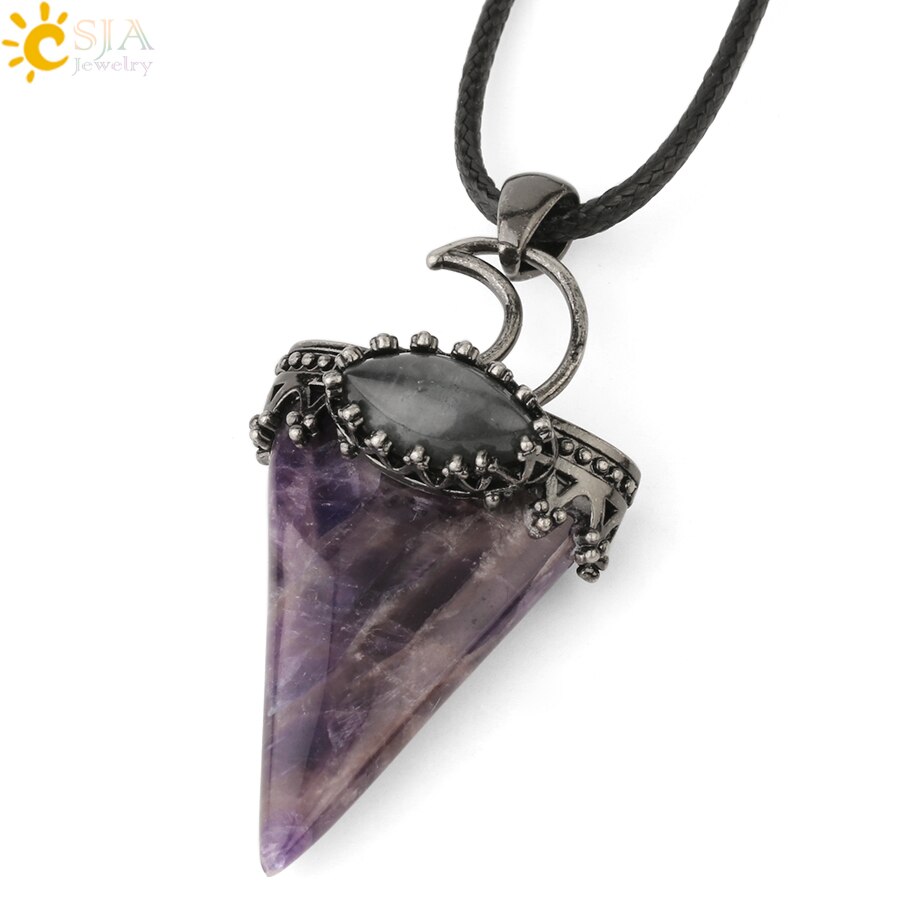 CSJA Natural Stone Triangle Pendant Necklace Antique Silver-color Crown Moon Labradorite Geometric Women Men Trendy Jewelry G324: Amethyst Chain