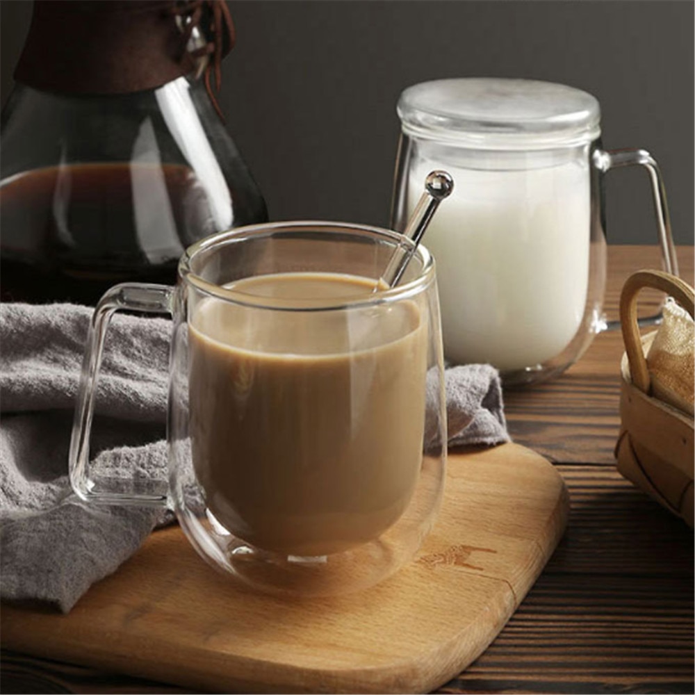 Taza de café de doble fondo con tapa, taza de cristal para botella de agua, creativa, para té, leche, desayuno, 300ml