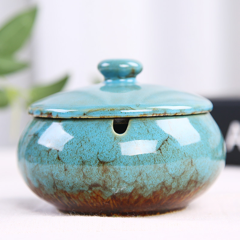 European Ceramic Ashtray with Lid Kiln Change Glaze Decorative Desktop Ashtrays Living Room Retro Ash Tray Ornaments: Yellow
