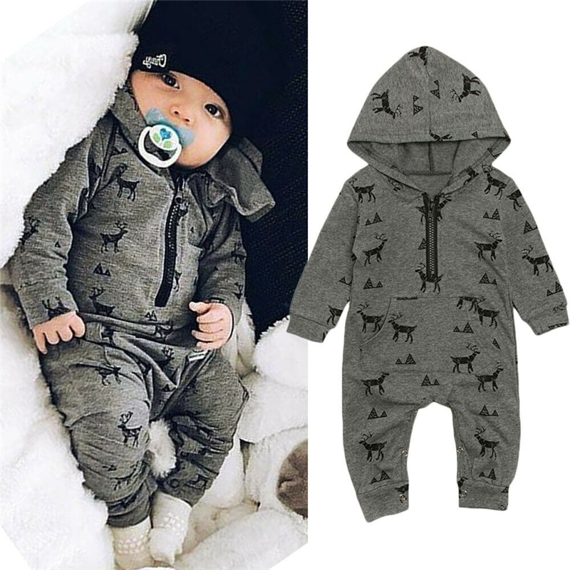 Winter Warm Newborn Baby Boys Hooded Romper Jumpsuit Infant Clothes Outfits Set Cartoon Deer Print Infant Clothing