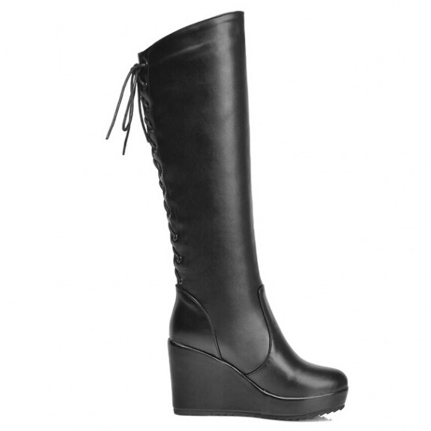 ! Black White Red Leather Lace Up High Heel Platform Knee High Winter Autumn Girl Lady Females Womens Wedge Boots X834