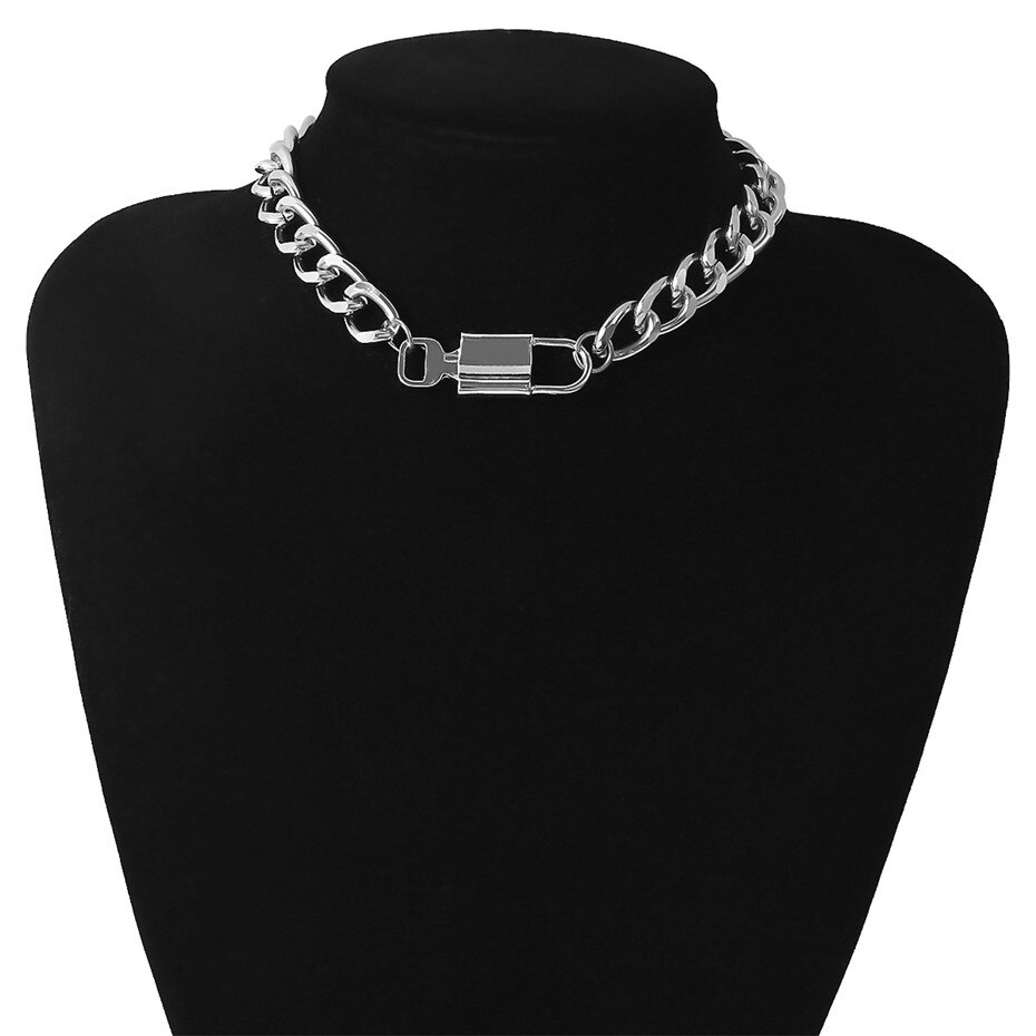 Vintage Cuban Chunky Chain Necklace Collares Steampunk Men Goth Lover Lock Padlock Choker Metal Necklaces Women Jewelry: Silver Color
