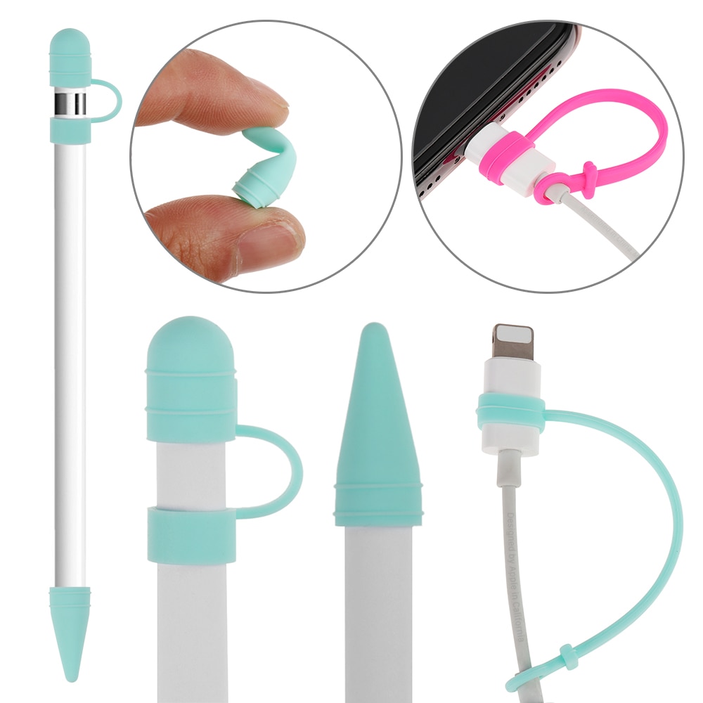 Soporte de tapa antipérdida para iPad Pro Apple Pencil, tapa de pluma a prueba de polvo para adaptador de Cable, Kit de sujeción de silicona ligera 3 en 1