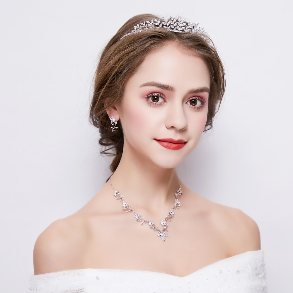 3 Stck Zirkonia Schmuck einstellen Marquise schneiden Zirkon Anlage Prinzessin Hochzeit Tiara Krone Frauen Halsketten Ohrringe