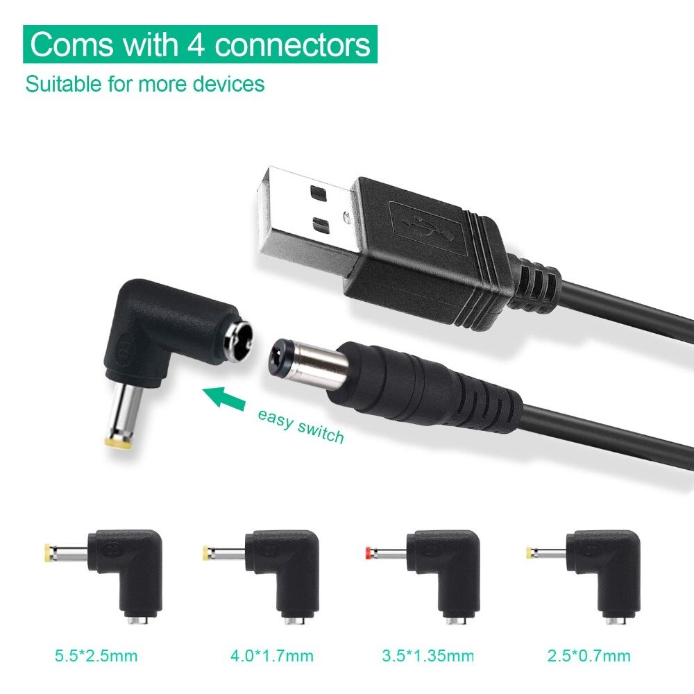 USB Typ-A Stecker auf 5,5mm x 2,1mm Fass 5 V DC Energie Kabel mit 4 Anschlüsse kompatibel mit Laptop, Router und Mehr 5 V Geräte