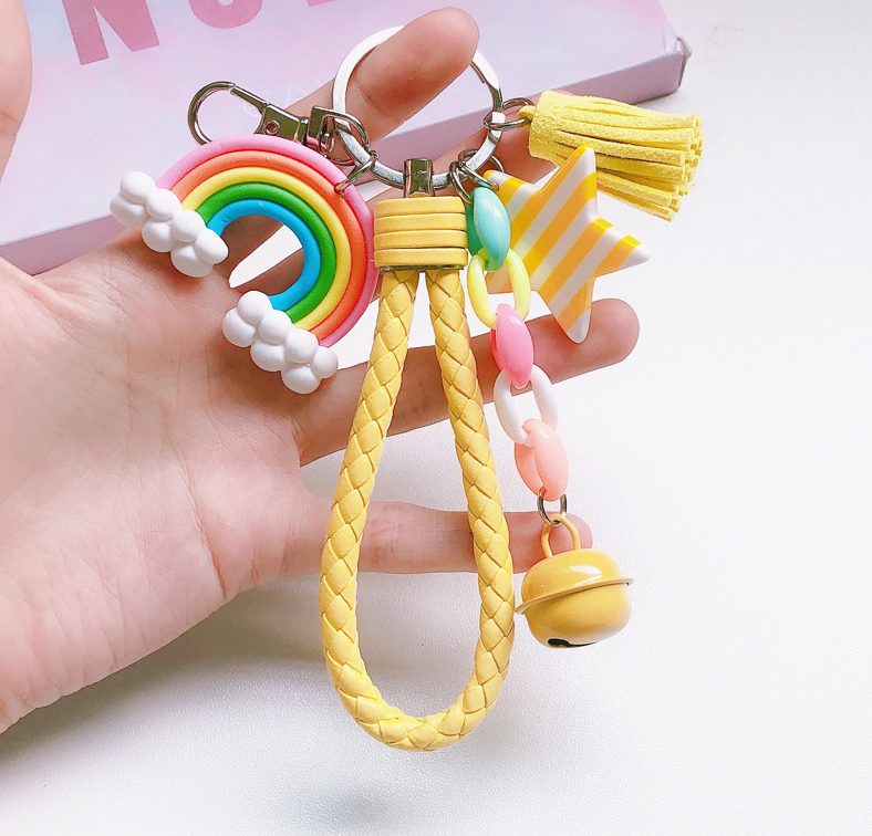 Porte-clés arc-en-ciel mignon, bracelet en cuir, corde tressée, pompon, pour femmes et filles, cloche étoile, sucette, accessoires de sac,: #8/27