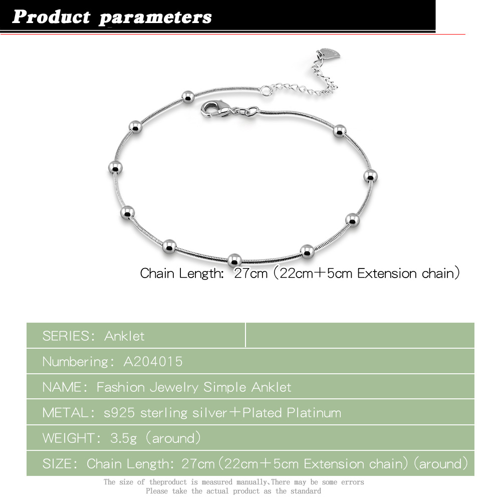 Zomer Mode Sieraden 925 Sterling Zilveren Enkelbandje Vrouwelijke Modellen Eenvoudige Stijl Ronde Kraal Solid Zilveren Voet Ketting Lady &#39;Bijoux