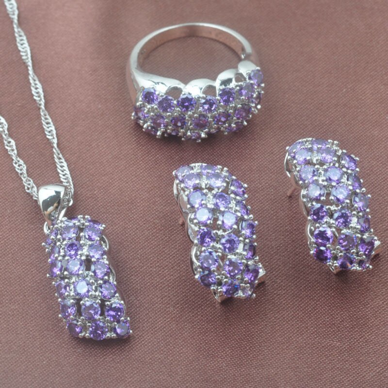 Shining Purple Cubic Zirconia Jewelry Sets Women's Silver Color Crystal Ring Necklace And Earrings Set TZ0282