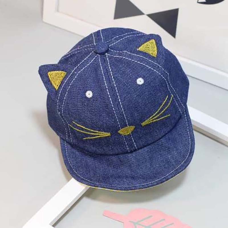 Denim Cotton Baby Cap Ears Beard Cartoon Cat Baseball Cap Summer Autumn Embroidery Cowboy Kids Boys Girls Sun Hat: dark blue