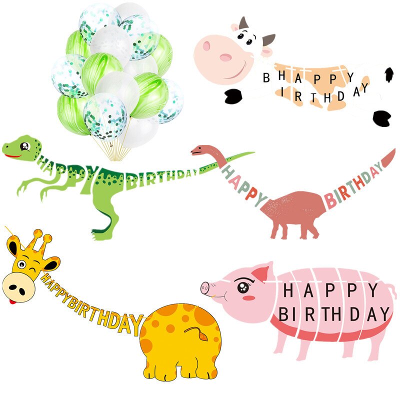 Cute Happy Birthday Banner Animal Dinosaur Giraffe Cow Pig Banner Garland Balloon for Boy Girls Kids Birthday Party Decoration