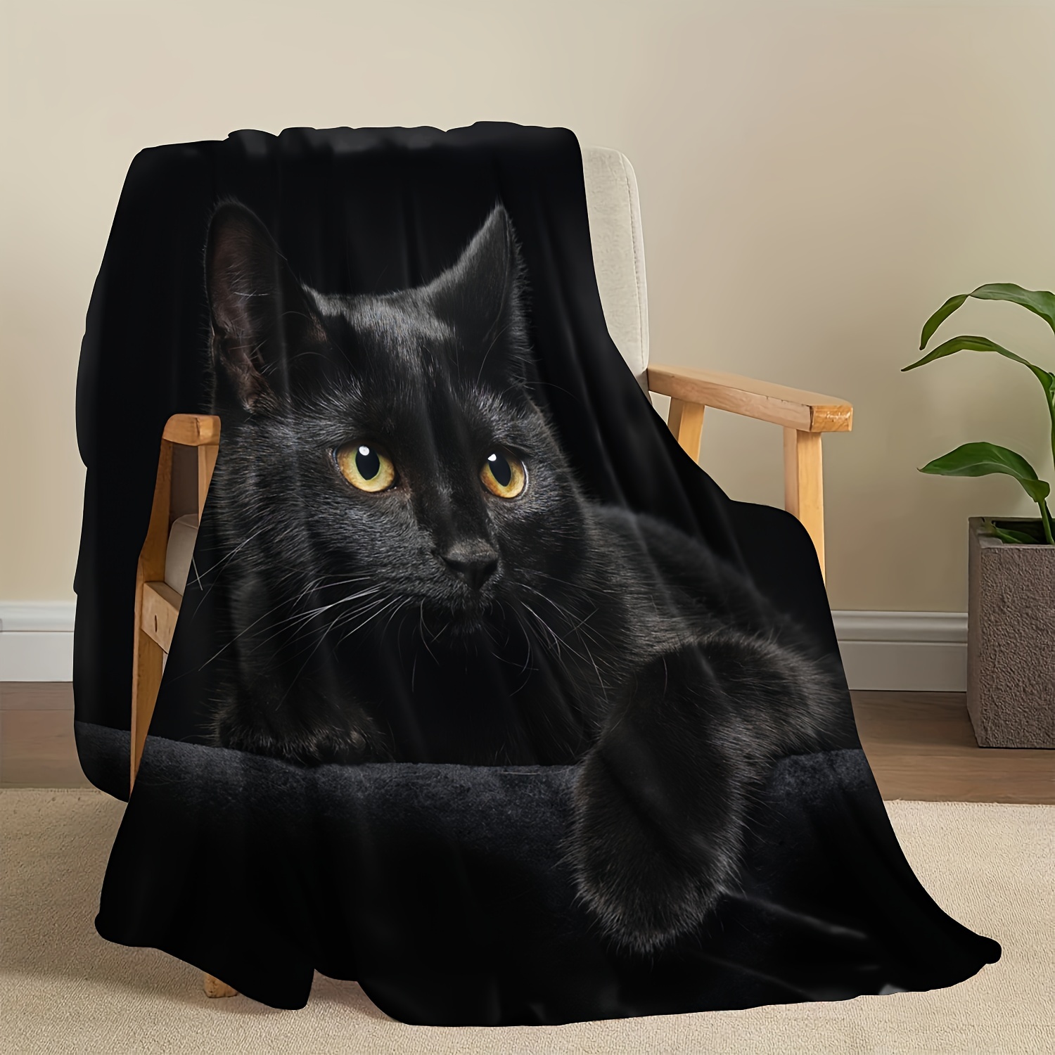Couverture en flanelle chat noir 1 pièce, douce, respectueuse de la peau, chaude, lavable à la Machine, adaptée au canapé, au lit, au bureau, aux voyages, aux chaises de Camping